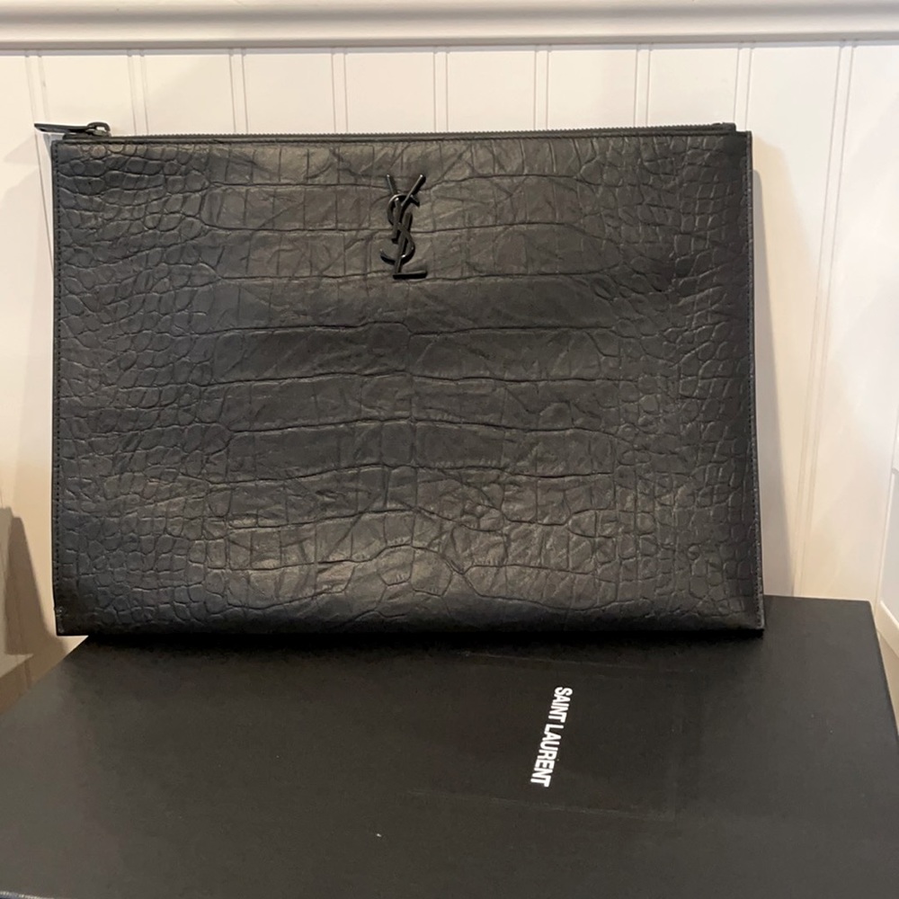 YSL Monogram Zippered Tablet Case/clutch in Grain De Poudre Embossed Leather